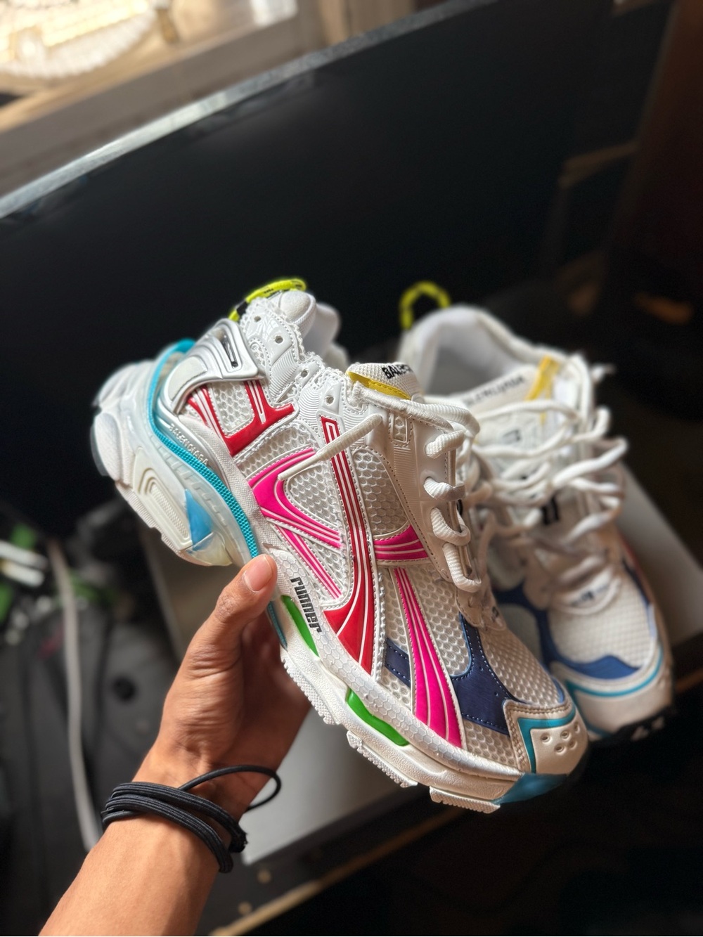 Balenciaga White Sneakers with Pink, Blue & Neon Accents